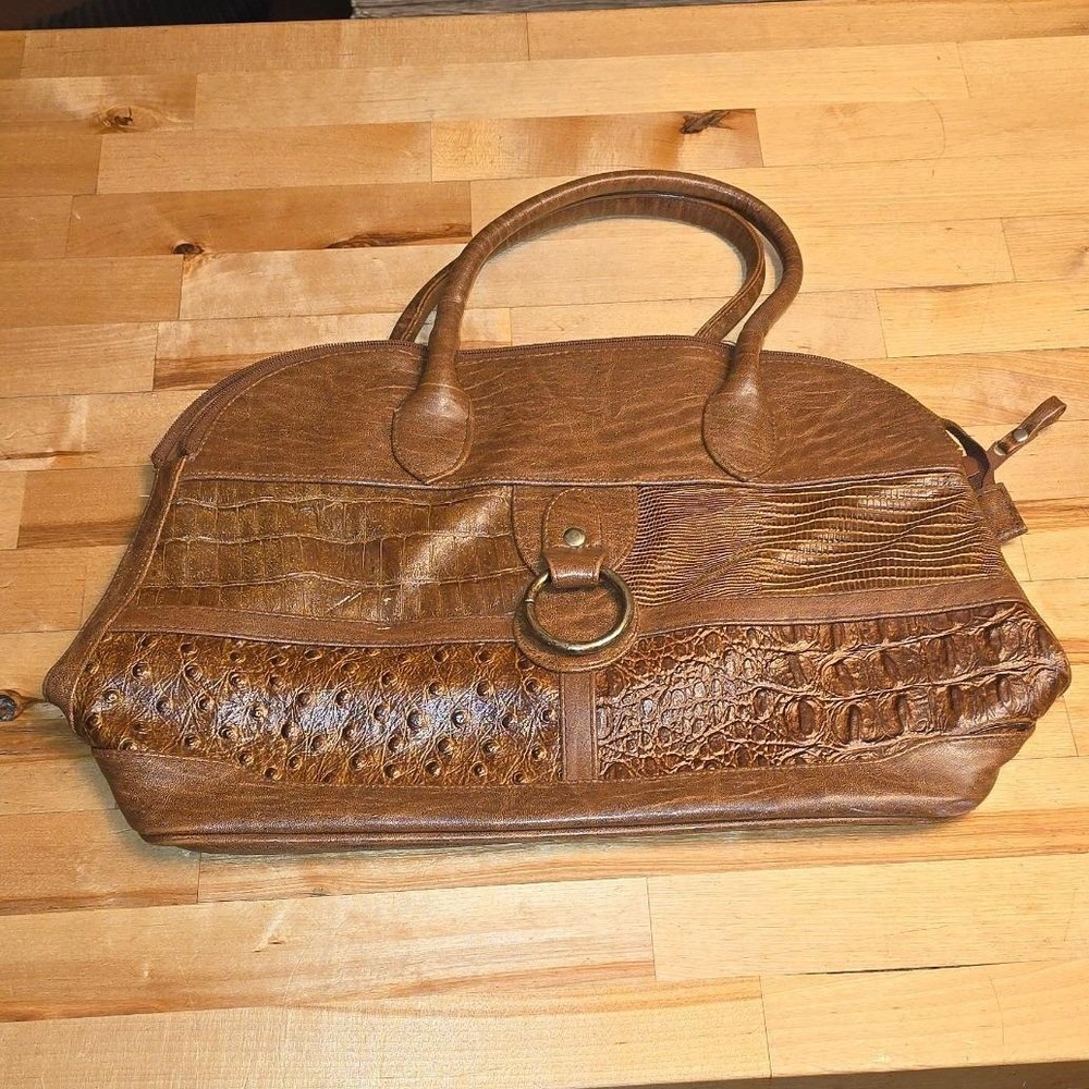 Jackson Brown Faux Leather Patchwork‎ Satchel Handbag Ostrich Croc Embossed Ring